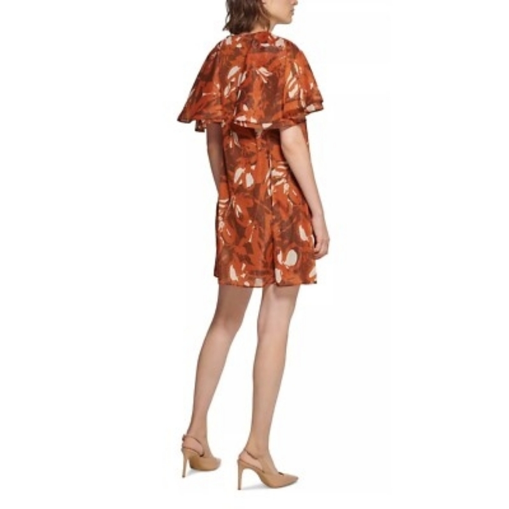 CALVIN KLEIN Flutter Sleeve Wrap Dress 'Earth Multi' Orange Rust Autumn Sz 16 - Picture 13 of 13